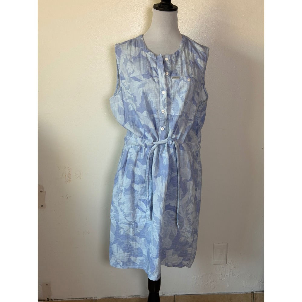Columbia Women's XL Blue Floral Cotton Sleeveless Utility Midi Dress Hiking